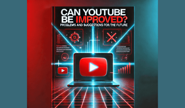 "Digital cover design for an article discussing YouTube improvements, featuring a laptop with a YouTube logo crossed out, set against a futuristic neon background."