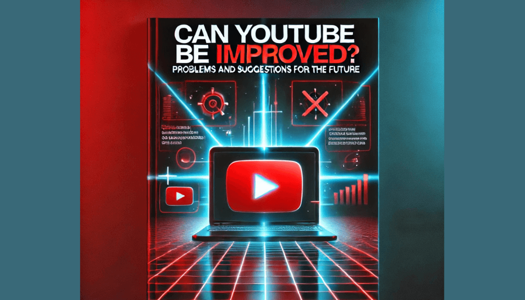 "Digital cover design for an article discussing YouTube improvements, featuring a laptop with a YouTube logo crossed out, set against a futuristic neon background."