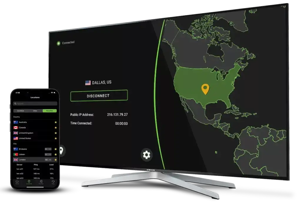 تصویری از رابط کاربری VPN بر روی یک تلویزیون هوشمند و یک گوشی موبایل.