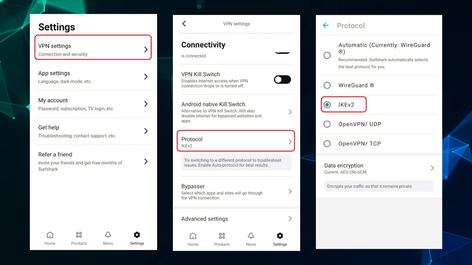 انتخاب نوع پروتکل در برنامه سورف شارک - vpn برای موبایل