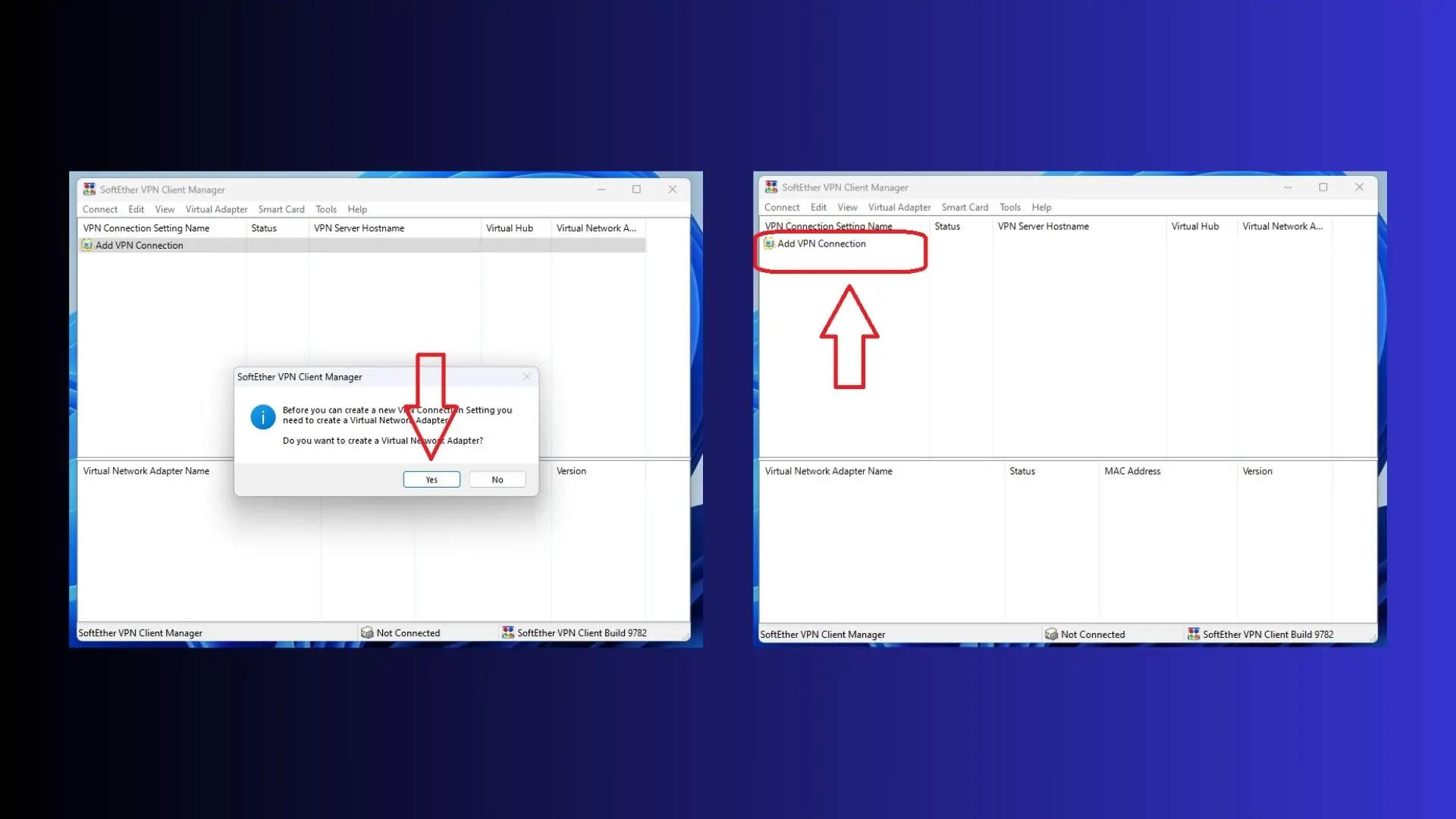 محیط نرم‌افزار SoftEther VPN Client Manager در ویندوز، مربوط به ایجاد آداپتور شبکه مجازی و افزودن اتصال جدید.