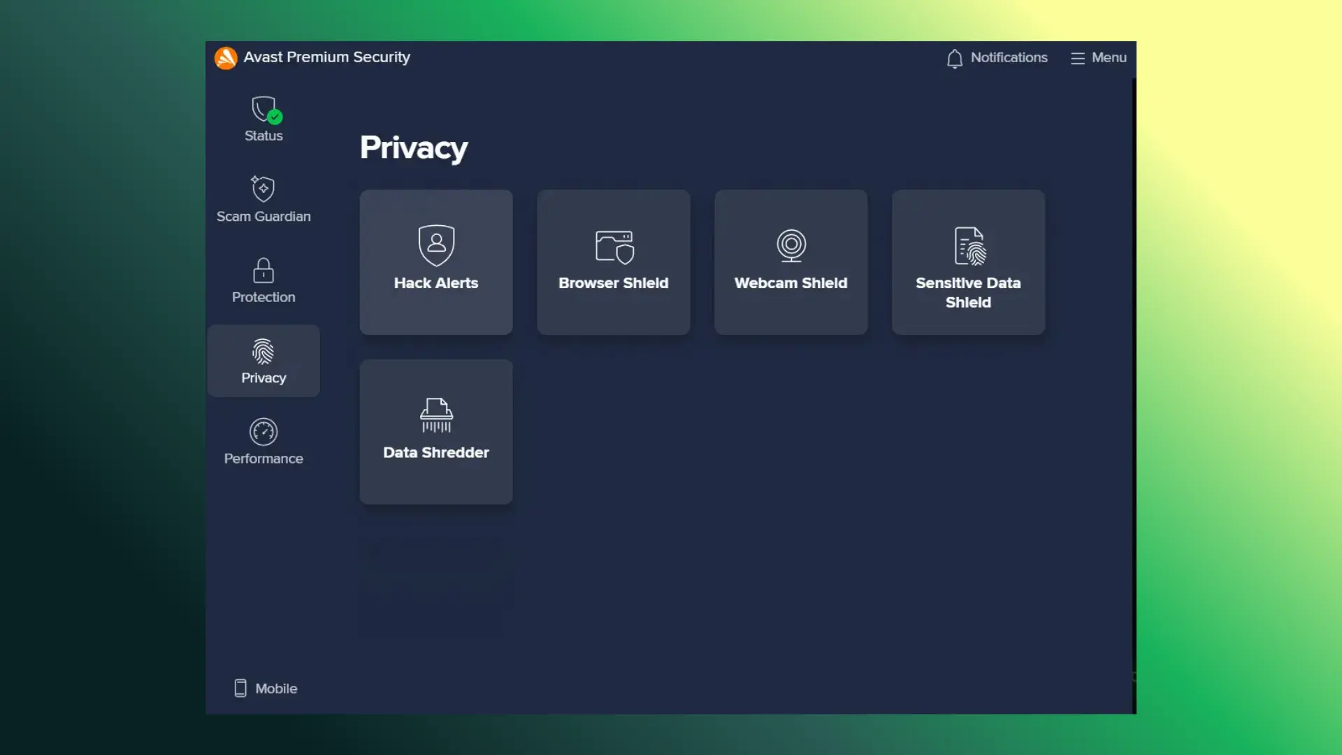 بخش Privacy در Avast Premium Security شامل محافظ مرورگر، وبکم، هشدار هک و حذف ایمن داده‌ها
