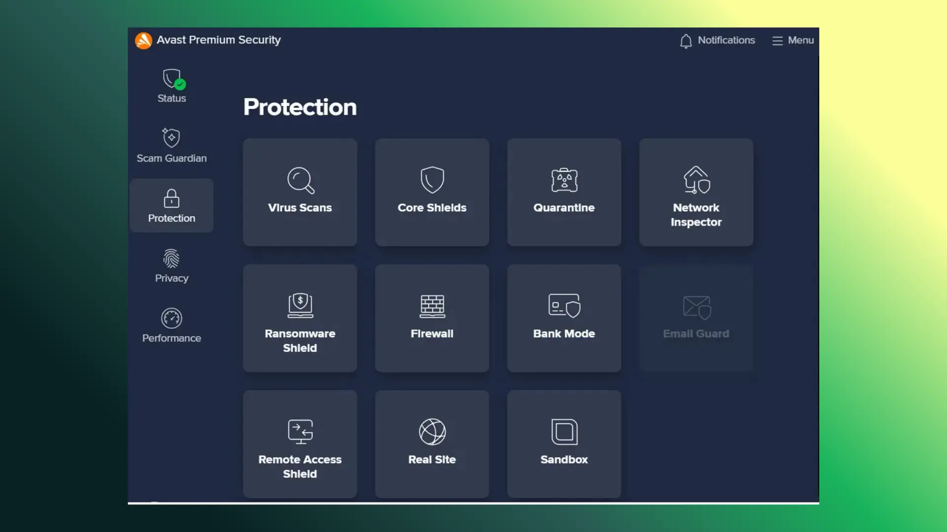 بخش Protection در Avast Premium Security با قابلیت اسکن ویروس، فایروال، محافظ باج‌افزار و حالت بانکی