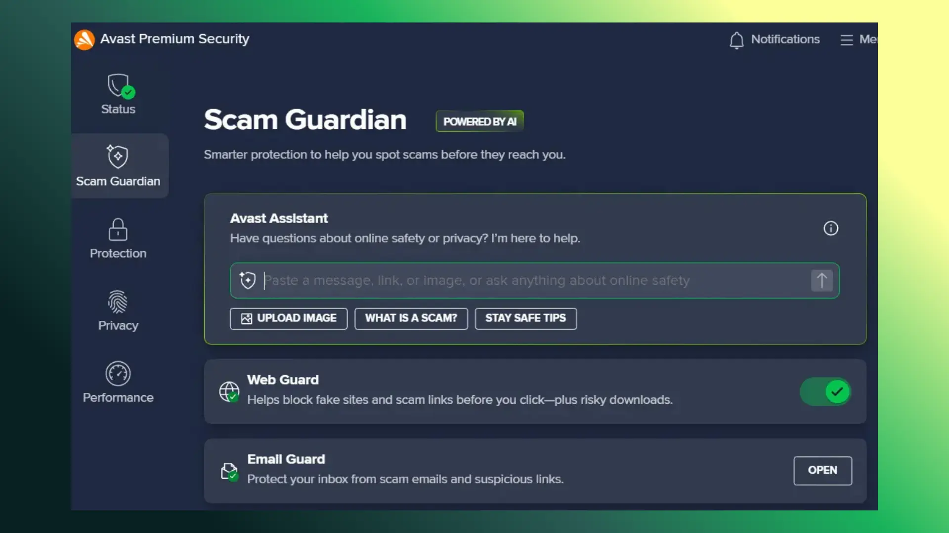 بخش Scam Guardian در Avast Premium Security برای محافظت در برابر لینک‌ها و ایمیل‌های جعلی